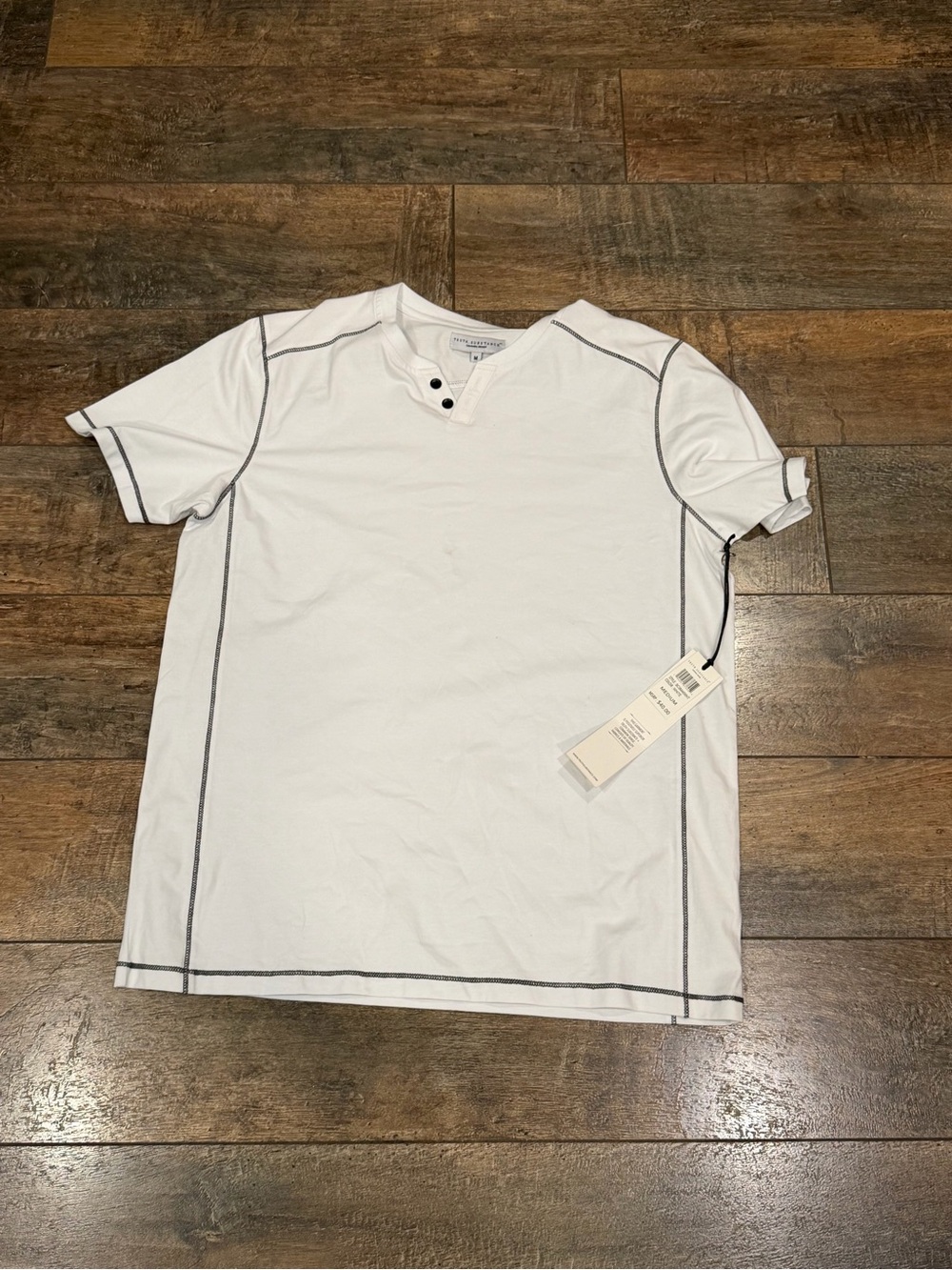 Men's White Short-Sleeve Henley with Contrast Stitching
